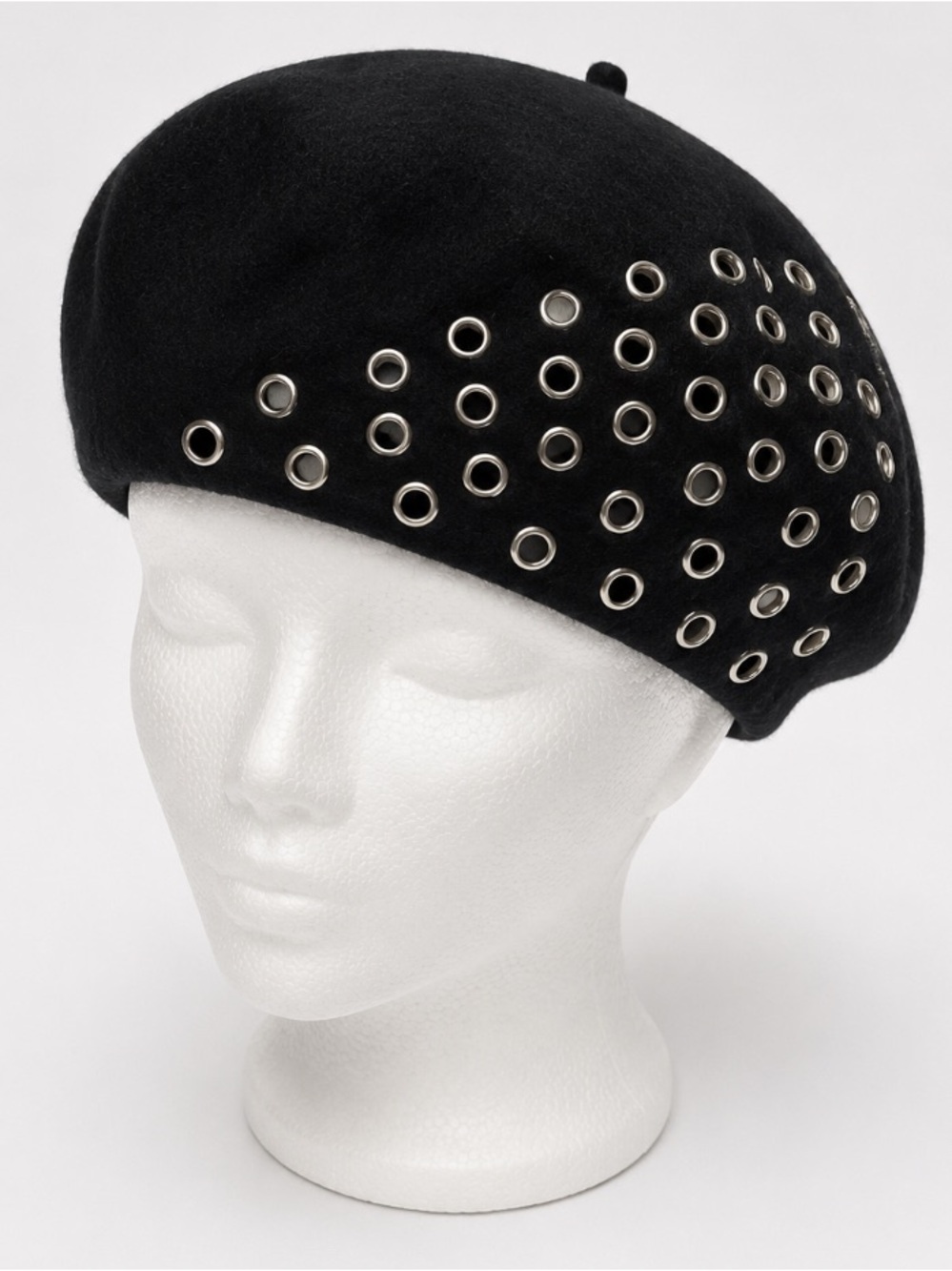 bebe Black Beret with Silver Grommet Accents